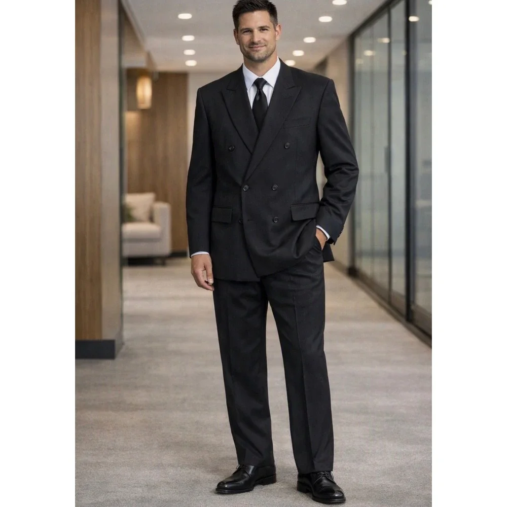 Albert Nipon Double Breasted Suit Charcoal 2 Piece Set. Golden twist, 100% wool.